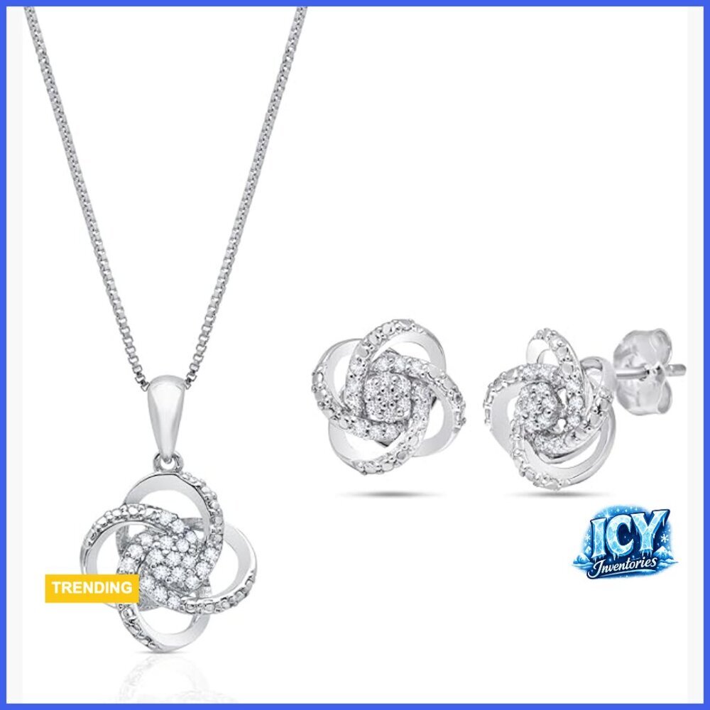 Sterling Silver Diamond Love Knot Stud Earrings and Necklace Set